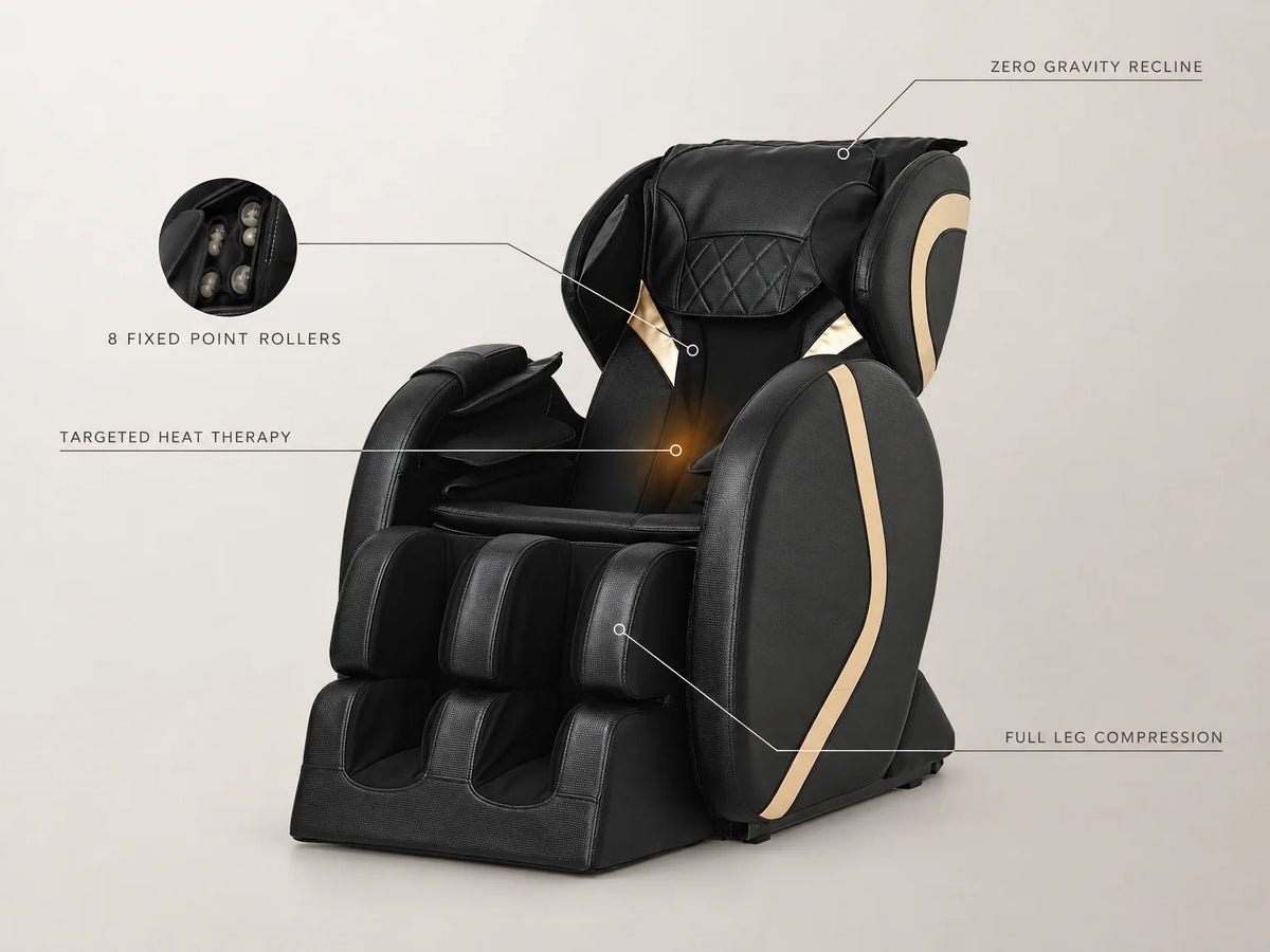 Full Body Massage Chair Designed for Zero Gravity Comfort, 8 Fixed Rollers, 5 Auto Programs, Quick Heat — Feature Infographic